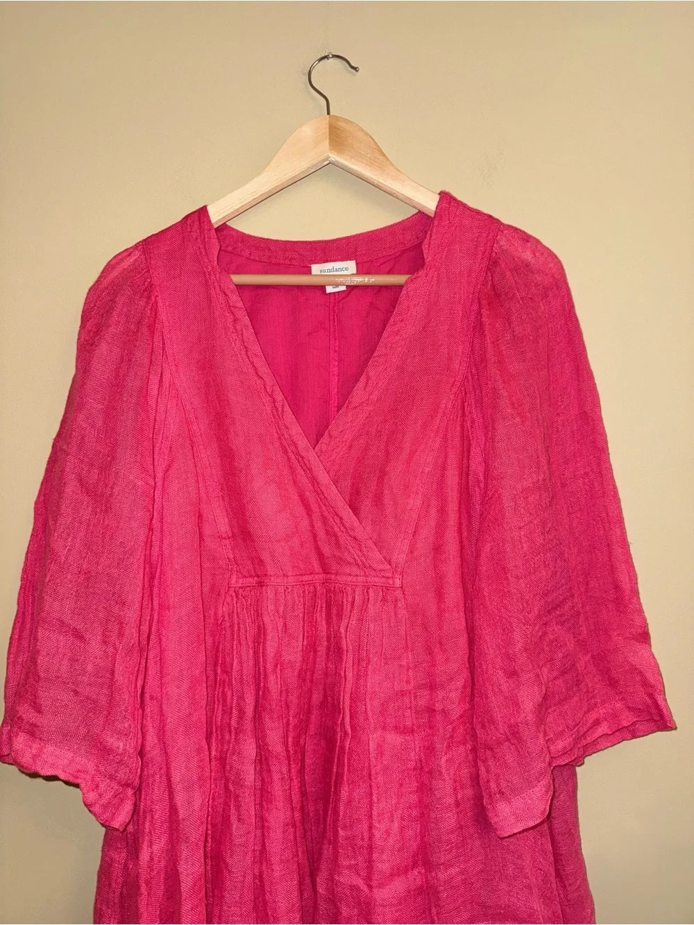 Sundance Linen Vneck Whimsical Midi Dress L Coral Pockets Vacation Resort Flowy